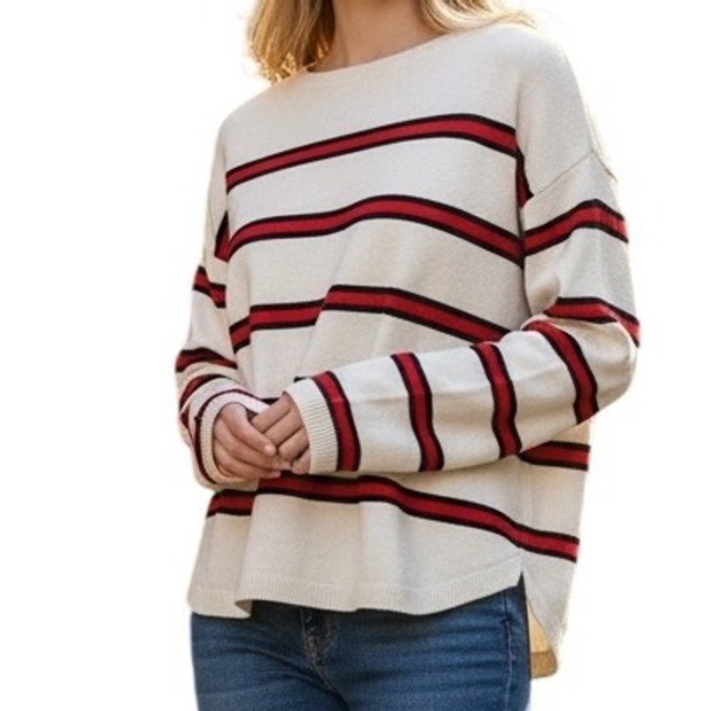 Striped Knit Crewneck Sweater White Red Black Long Sleeve‎ Women's M Express